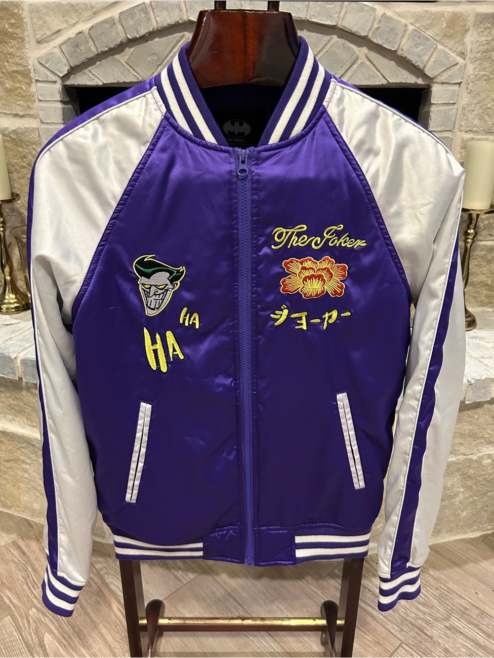 DC Comics Purple and White Kids Bomber Jacket with Joker Embroidery